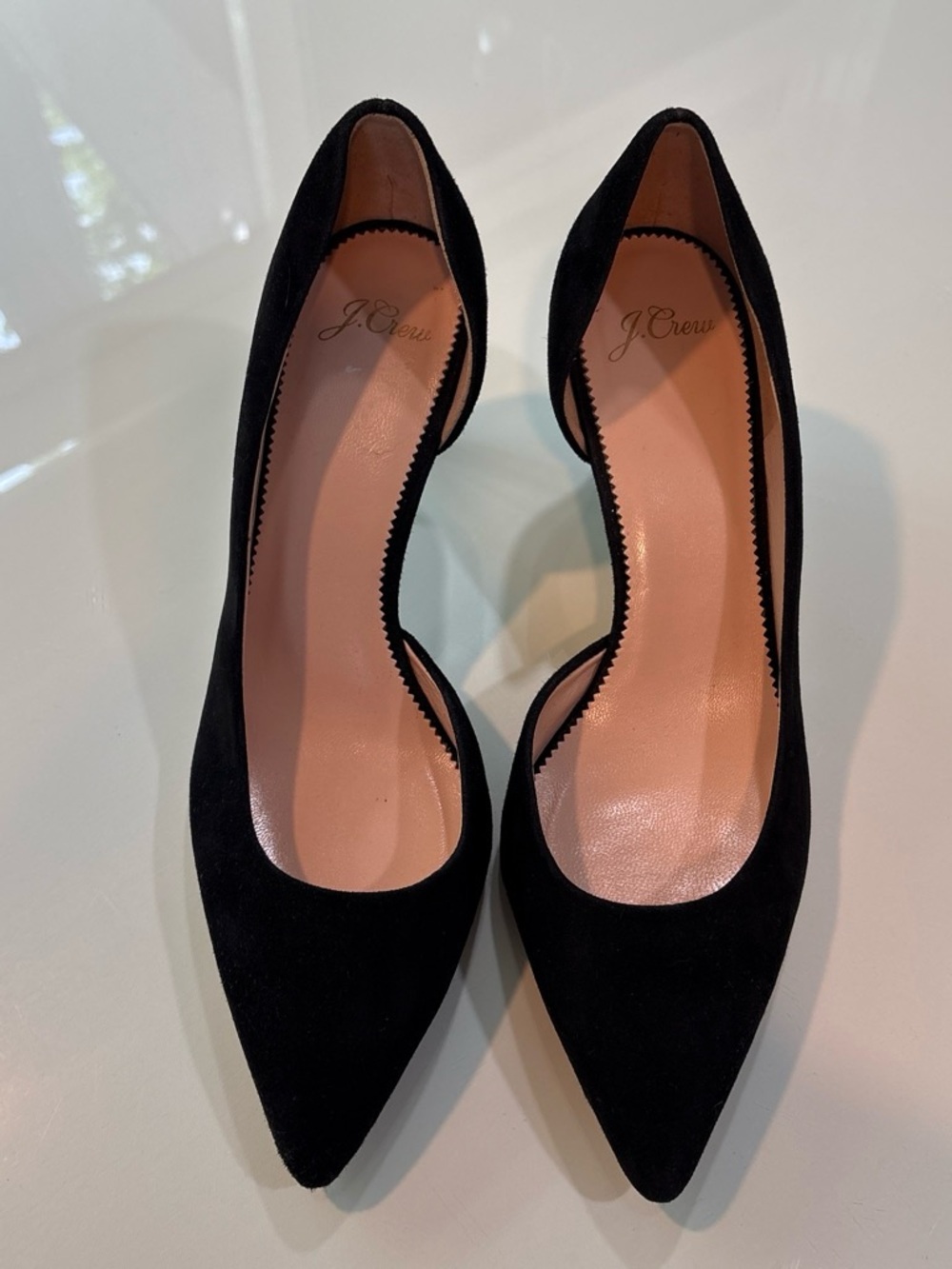 J. Crew Black Suede Pointed Toe Pumps with Scalloped Trim